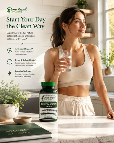 Vista 5 de Suplementos orgánicos verdes N-acetil cisteína (NAC) 700 mg Apoya la producción de glutatión, actividad antioxidante y salud celular 90 cápsulas