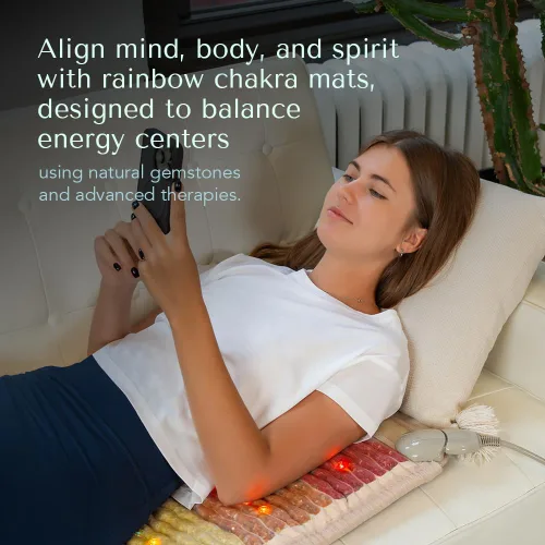 Vista 5 de HealthyLine Alfombrilla de chakra arcoíris – Reiki mejorado, yoga y masaje – Almohadilla térmica eléctrica de piedras preciosas con iones negativos