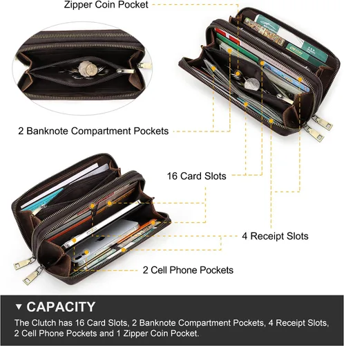 Vista 4 de Bolso de embrague de los hombres, carteras de los hombres, cartera para los hombres, billetera de cuero genuino de gran capacidad del teléfono