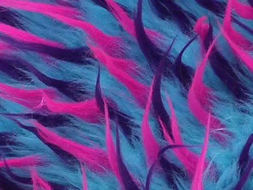 Vista 2 de Tela de piel sintética de pelo largo, 3 tonos, color turquesa, morado, fucsia, 60 pulgadas de ancho, vendido por yarda
