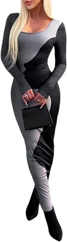 Vista 4 de Vestido largo ajustado de manga larga Y2k con cuello cuadrado para mujer, vestido de cóctel con estampado de cara de retazos