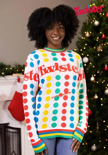 Vista 5 de Hasbro Games Twister Ugly Sweater for Adults, Board Game Knitted Crewneck Sweatshirt with Functioning Spinner