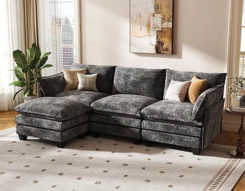 Vista 11 de KKL Sofá Cama Seccional Modular Grande de 91.3", Sofá Cama Convertible en Forma de J/L de 6 Plazas Sofá Nube con Otomana, Sofás Seccionales