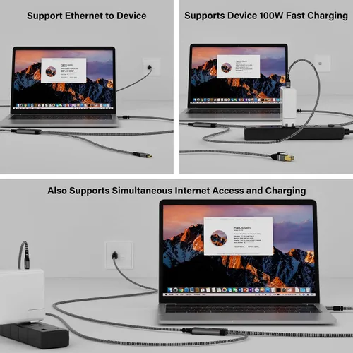 Vista 3 de Cable USB C a Ethernet de 6 pies, cable tipo C a RJ45 con USB-C macho de 100 W PD carga rápida (PD junto al puerto USB-C), Ethernet y carga dos