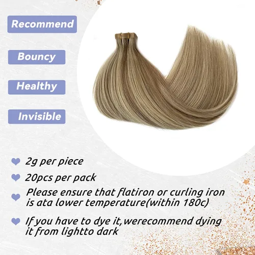Vista 3 de Extensiones de cabello humano rubio con cinta, reflejos rubio ceniza y rubio platino, extensiones de cabello rubio platinado, cinta adhesiva