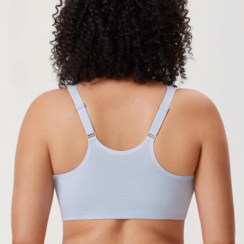 Vista 4 de DELIMIRA Sujetadores con cierre frontal para mujer, espalda cruzada, sin varillas, talla grande, cobertura completa, brasier de algodón de encaje