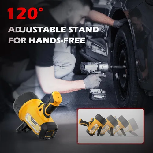 Vista 6 de FORTO Foco recargable, 200000 lúmenes, luz de mano con soporte plegable, 6 modos IPX7, impermeable, luces LED para pasear al perro, caza, camping