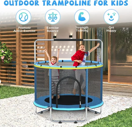 Vista 6 de Cama elástica para niños con malla de encierro, cama elástica mini para interiores y exteriores con barra de gimnasia ajustable, aro de baloncesto