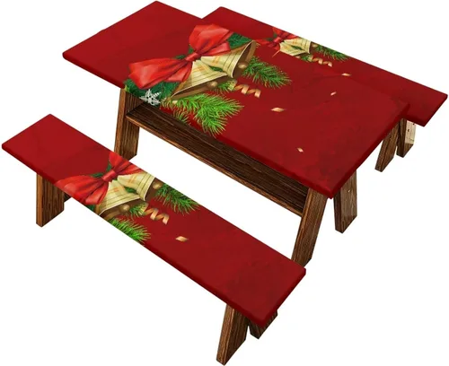 Vista 13 de Juego de 3 calcetines de árbol de Navidad de dibujos animados y galletas, funda de mesa de picnic ajustable con funda de banco, manteles Calcetines