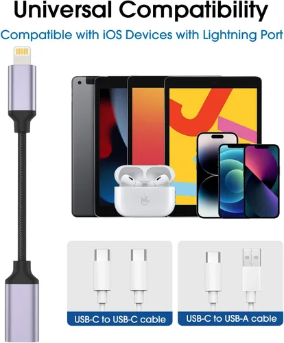 Vista 4 de TechMatte Adaptador de cable USB C a Lightning macho hembra, 27 W PD carga rápida solo compatible con iPhone, iPad, iPod, AirPods, sin audio,