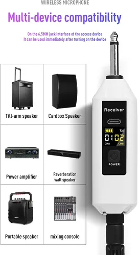 Vista 2 de Micrófonos inalámbricos, metal, sistema dinámico inalámbrico UHF dual, receptor recargable, recepción de rango de 200 pies, micrófono de karaoke