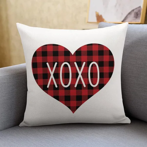 Vista 15 de Red and Black Buffalo Plaid Love Heart Hugs and Kisses Decorative Pillow Cover for Sofa Couch Chair Office Decor 16"x16",Romantic Valentine Pillow