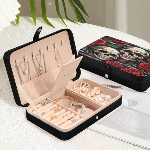 Vista 6 de Flradish Beautiful Rose and Skull Travel Jewelry Box,Portable PU Leather Small Jewelry Organizer for Earrings,Ring,Necklaces,Bracelets