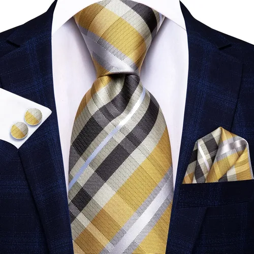 Vista 306 de Hi-Tie Corbata clásica de cachemira para hombre con pañuelo y gemelos a cuadros