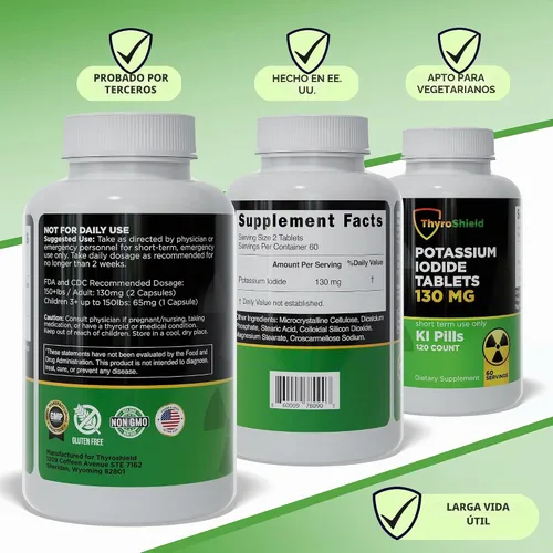 Vista 4 de Tabletas de yoduro de potasio 130 mg 120ct KI Tablets - Protección contra la Radiación Nuclear - Píldoras de yodo de potasio - YODO Naciente - KI