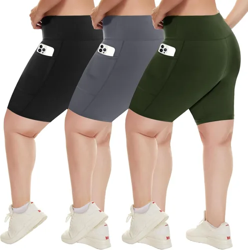 Vista 34 de HLTPRO 3 Pack Plus Size Biker Shorts for Women, Pocket & No-Pocket Options Negro/Beige Rosa/ Gris
