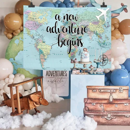 Vista 7 de Una nueva aventura comienza viajando niño, decoración de fiesta de baby shower, telón de fondo, mapa del mundo alrededor del mundo, aventura espera