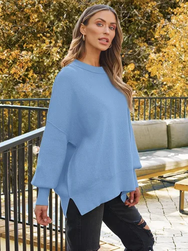 Vista 147 de Lillusory - Suéter extragrande con mangas de murciélago y cuello redondo para mujer, prenda moderna de otoño de tejido de punto sin botones