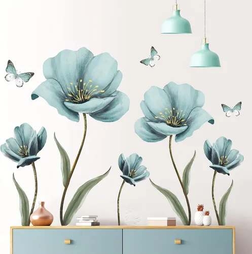 Vista 5 de Calcomanías de pared de flores azules de ensueño creativas pintadas con mariposas para pared, pintura romántica, decoración artística, vinilo