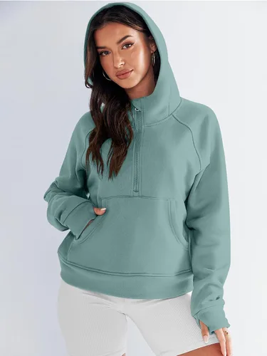 Vista 7 de Prinbara Sudaderas con capucha corta con media cremallera para mujer, sudadera de forro polar con cremallera de un cuarto, ropa de otoño