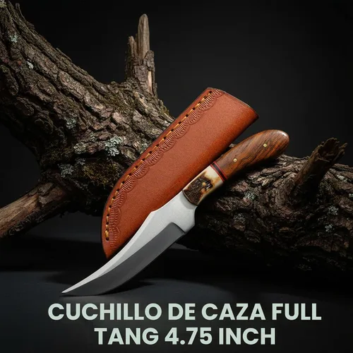 Vista 2 de SZCO - Cuchillo de caza de espiga completa de 7.25 pulgadas, cuchillo de campamento con mango de madera/ciervo, hoja y funda de acero inoxidable