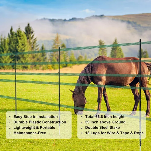 Vista 4 de Step-in Fence Posts 42 Pack, 66.6 Inch Plastic Post with Double Steel Stake, 18 Clips for Electric Wire Tape Rope, Black, Temporary Fencing