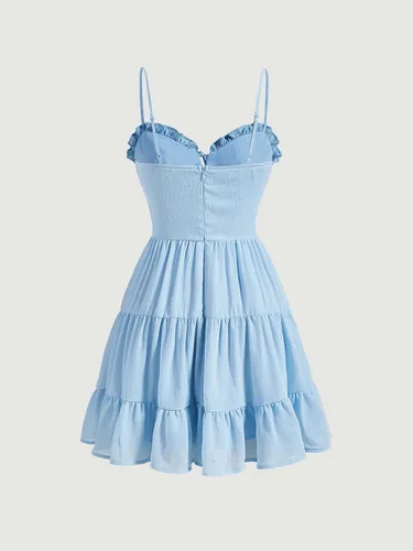 Vista 2 de Verdusa Vestido corto sin mangas con cuello en V para mujer, ribete de volantes, dobladillo con volantes, acampanado, tirantes delgados, mini