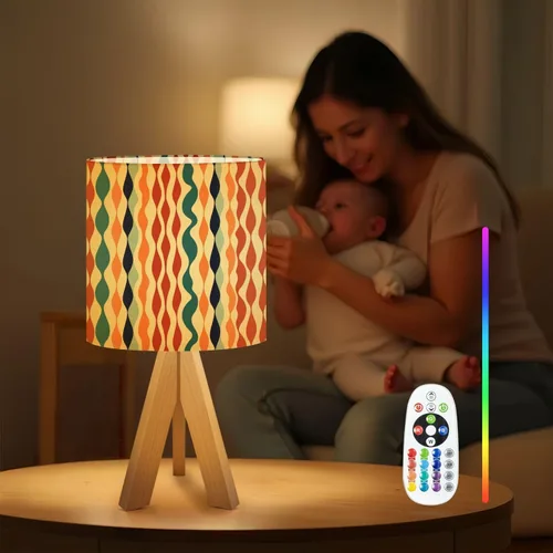 Vista 4 de Tripod Table Lamp Retro Checkered Peel Stick Geometric Abstract Modern 1970s Bedside Lamps Small Lamp Nightstand Lamp with Linen Lampshade Table