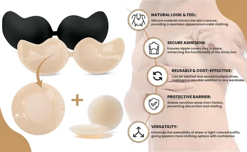 Vista 2 de Sticky Bra Adhesive Bra,Strapless, Backless Reusable,Silicone Bra,Sticky Push-Up Bra & Nipple Pasties 5pcs