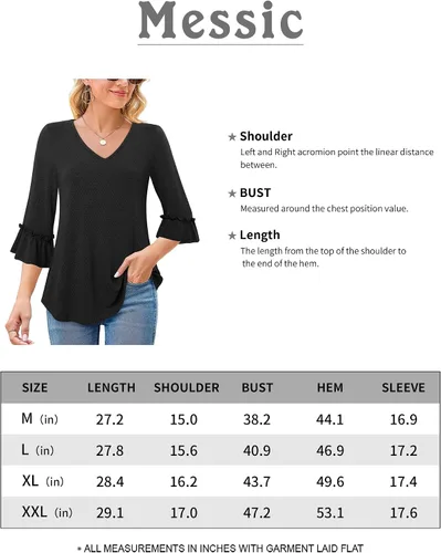 Vista 6 de Messic Blusas para mujer, estilo casual, manga acampanada de 34, cuello en V, túnica
