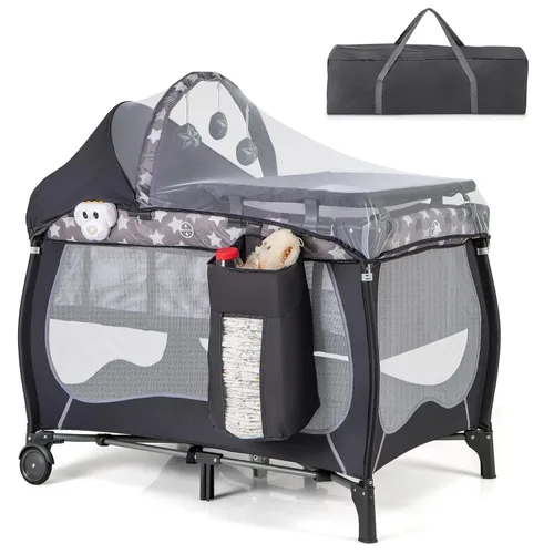 Vista 12 de HONEY JOY Pack and Play, centro de guardería plegable 4 en 1 con moisés infantil de tamaño completo y cambiador de pañales, cuna portátil para niños