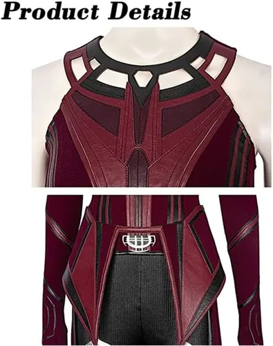 Vista 4 de Disfraz de Wanda Maximoff, vestido escarlata, corona de bruja, tocado, capa roja, pantalones, faja y guantes para Halloween, cosplay, conjunto