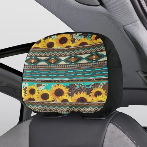 Vista 4 de Funda universal para reposacabezas de auto con estampado de vaca azteca, girasol, 2 piezas, funda universal para reposacabezas de asiento