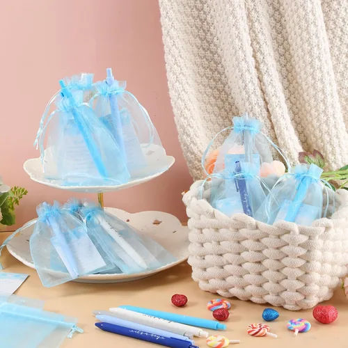 Vista 5 de Chuangdi Juego de 50 bolígrafos de baby shower, recuerdos para invitados, bolígrafos con texto en inglés "It's a Boy Girl", tarjetas de Azul