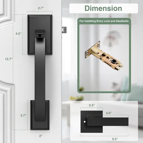 Vista 4 de Manija de puerta delantera negra ajustable 12.7 pulgadas manija de entrada exterior pesada reversible