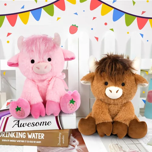 Vista 5 de Highland Cow - Animal de peluche esponjoso de 8 pulgadas con pelo elegante, juguete suave de peluche Kawaii abrazable de vaca para niños, niños