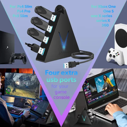 Vista 4 de FlyingVHUB Hub USB 3.0 de 4 puertos, torre concentrador USB con cable extendido de 2 pies, divisor USB para laptop, PC, PS4, PS5, Xbox, mouse