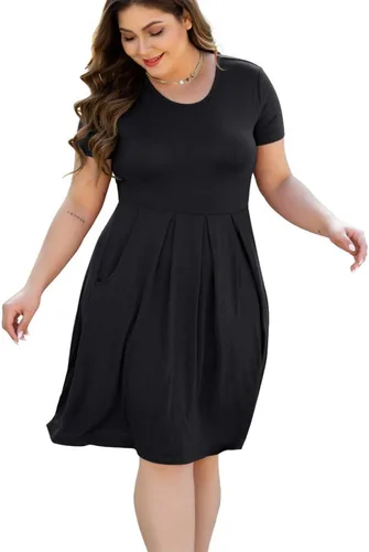 Vista 3 de Vestido para mujer tallas grandes, informal de manga larga, plisado con bolsillos