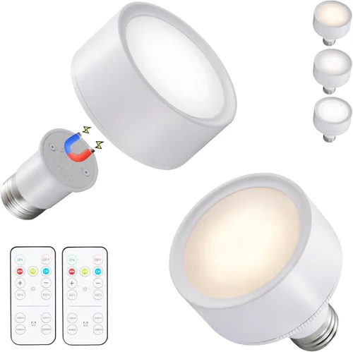 Vista 8 de Vitnucrol Paquete de 2 bombillas magnéticas a pilas con control remoto, luces LED inalámbricas negras, inalámbricas, regulables, E26, atornillables