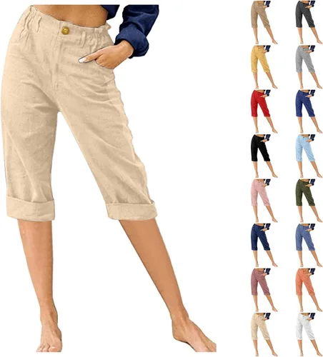 Vista 2 de XUETON Pantalones cortos de lino para mujer, pantalones cortos de verano para playa, algodón, lino, pantalones capri hasta la rodilla, pantalones