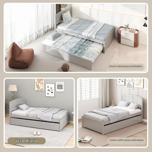 Vista 6 de Cama nido individual, marco de cama extraíble de madera maciza, cama de día extensible con cabecera y soporte de listones de madera sólida Gris