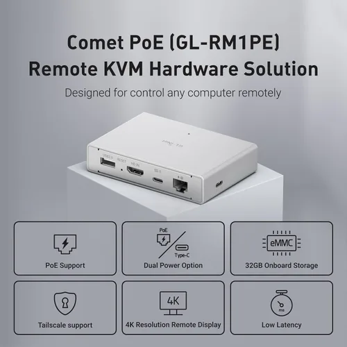 Vista 2 de GL.iNet Comet PoE (GL-RM1PE) Control Remoto KVM a Través de Internet - Opción de Doble Alimentación PoE/Type - C 4K@30Hz, 32GB EMMC, Soporte