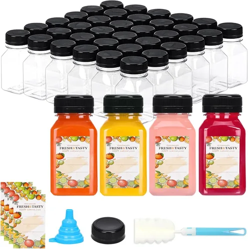 Vista 18 de TOMNK 12 botellas de plástico de 2 onzas con tapas, recipientes reutilizables transparentes a granel para bebidas de jengibre shot, jugo, leche