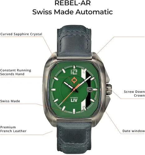 Vista 7 de LIV Rebel-AR Swiss Automatic Elaboré Grade, 26-Jewel Movement - 42.0 mm Rectangular Curved Case- IP Surgical Grade 316L Stainless Steel-Multi-Layer