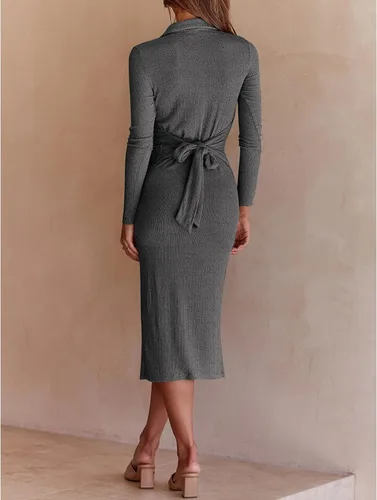 Vista 5 de Vestido tipo suéter con abertura y botones para mujer, cuello en V, manga larga, vestido casual, ajustado, de punto acanalado, vestido midi
