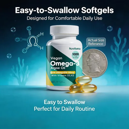 Vista 8 de Suplemento de aceite de algas omega-3 vegano con DHA 300 mg y EPA 150 mg, Omega-3 a base de plantas con vitamina D3 y K2, cápsulas blandas de aceite