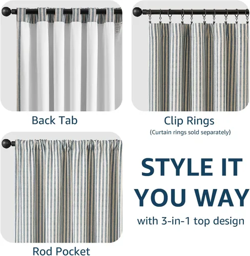 Vista 5 de jinchan Linen Blackout Curtains Back Tab 96 Inch 2 Panels Striped Blue Blue Stripe Lined
