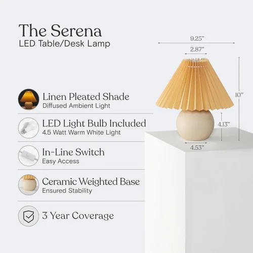 Vista 3 de Brightech Serena - Lámpara LED de mesa, pequeña lámpara de cerámica moderna de 10 pulgadas con pantalla plisada para mesita de noche, escritorio