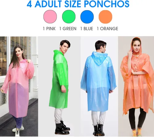 Vista 4 de Ponchos para adultos, ponchos de lluvia desechables multicolor para camping, senderismo, viajes, mochileros, paquete de 4