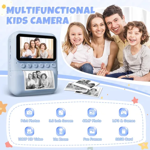 Vista 3 de Cámara para niños, impresión instantánea, pantalla de 3.0 pulgadas, cámara instantánea de foto de 48 MP para niños con tarjeta de 32 GB, juguete
